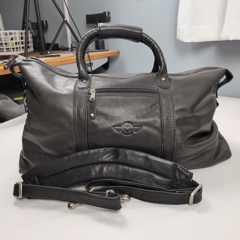 Black Leather Duffel Bag Weekender Travel Crossbody Minimalist Professional